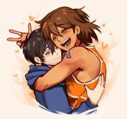 2boys absurdres alternate_costume artist_name bandaid bandaid_on_shoulder black_hair black_nails blue_hoodie blush brown_hair closed_eyes closed_mouth dark-skinned_male dark_skin ear_piercing highres hood hoodie hug kel_(faraway)_(omori) kel_(omori) male_focus multiple_boys omori open_mouth piercing scar scar_across_eye scar_on_face smile staticquit sunny_(omori) teeth tongue v