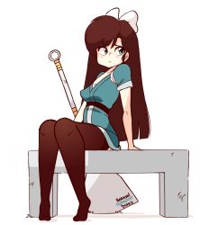 1girl animated animated_gif aqua_eyes aqua_kimono artist_name black_hair black_thighhighs blush bow breasts chair cleavage cleft_of_venus closed_mouth collarbone crossed_legs dated diives english_text female_focus full_body hair_bow heart highres huge_weapon japanese_clothes kimono knees_together_feet_apart kuonji_ukyou leg_up long_hair looking_at_viewer looking_to_the_side medium_breasts no_panties open_mouth pussy ranma_1/2 sash short_sleeves signature simple_background sitting solo spatula spoken_heart spread_legs talking text_focus thighhighs uncensored weapon white_background white_bow