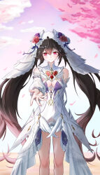 1girl absurdres black_hair breasts cleavage cross_hair_ornament dress flower flower_on_head hair_between_eyes hair_ornament heart-shaped_gem highres long_hair looking_at_viewer lucia:_pyroath_(wedding_dress)_(pgr) lucia_(pgr) offering_hand official_alternate_costume punishing:_gray_raven red_eyes smodo2132 solo twintails very_long_hair wedding_dress white_dress winged_headwear