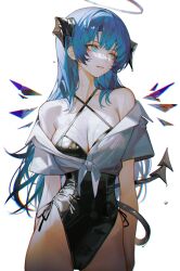 Rule 34 | 1girl, arknights, bare shoulders, black horns, black leotard, blue eyes, blue hair, breasts, cleavage, commentary request, demon girl, demon horns, demon tail, detached wings, forward facing horns, halo, halterneck, highleg, highleg leotard, highres, horns, iumu, leotard, long hair, looking to the side, medium breasts, mostima (arknights), shirt, short sleeves, side-tie leotard, simple background, solo, tail, tied shirt, wet, white background, white shirt, wings