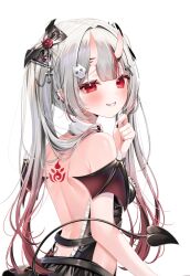 1girl alternate_costume back back_tattoo backless_dress backless_outfit bare_back bare_shoulders black_dress black_nails center-flap_bangs commentary demon_girl demon_tail demon_wings detached_collar dress frilled_dress frills from_behind gradient_hair grey_hair grin hair_between_horns hair_ornament hand_up highres hololive horns long_hair looking_at_viewer looking_back median_furrow multicolored_hair nail_polish nakiri_ayame ohagetty oni pointy_ears red_eyes red_hair shoulder_blades simple_background skin-covered_horns sleeveless sleeveless_dress smile solo streaked_hair tail tattoo twintails upper_body virtual_youtuber white_background wings