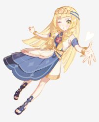 1girl blonde_hair blunt_bangs blush bracelet braid breasts dress flower fua1heyvot4ifsr green_eyes hair_ornament highres jewelry lillie_(pokemon) long_hair looking_at_viewer necklace nintendo official_alternate_costume one_eye_closed open_mouth pokemon pokemon_masters_ex pokemon_sm selene_(champion)_(pokemon) selene_(pokemon) sleeveless sleeveless_dress solo twin_braids white_dress