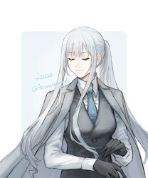 1girl ak-12_(girls&#039;_frontline) ak-12_(lucia)_(girls&#039;_frontline) arianaleonardo black_gloves black_vest closed_eyes coat coat_on_shoulders collared_shirt girls&#039;_frontline gloves grey_coat highres long_sleeves necktie official_alternate_costume shirt smile solo twitter_username upper_body vest white_shirt