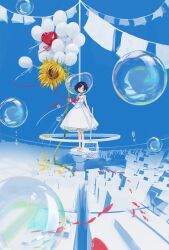 1girl balloon bare_arms bare_legs barefoot black_hair blue_sky bubble clear_sky commentary commentary_request dress english_commentary flower full_body heart_balloon highres holding_net looking_at_viewer mixed-language_commentary net original outdoors red_eyes seno_losa short_hair sky sleeveless sleeveless_dress solo standing sunflower white_dress wide_shot