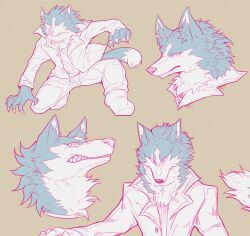 1boy animal_ears blue_hair body_fur brand_new_animal commentary_request furry furry_male hatching_(texture) highres jacket male_focus minazukishiro ogami_shirou pants sharp_teeth shirt short_hair simple_background solo tail teeth white_fur wolf_boy wolf_ears wolf_tail yellow_background