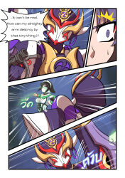 Rule 34 | 1boy, 1girl, absurdres, atawatsho, black hair, blue eyes, blunt bangs, clenched hand, comic, commentary, english commentary, english text, eyeshadow, genshin impact, glowing tattoo, gundam, gundam unicorn, highres, katheryne (genshin impact), makeup, mecha, medium hair, nt-d, purple eyes, purple hair, robot, scaramouche (genshin impact), scaramouche (kabukimono) (genshin impact), sidelocks, speech bubble
