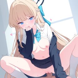 1boy 1girl absurdres blonde_hair blue_archive blue_eyes blue_halo blue_jacket blue_skirt breasts censored commentary_request cowgirl_position girl_on_top halo heart hetero highres jacket jyt kneehighs long_hair long_sleeves medium_breasts miniskirt mosaic_censoring navel nipples official_alternate_costume open_mouth paid_reward_available shirt skirt sleeves_past_wrists socks spread_legs squatting_cowgirl_position straddling toki_(blue_archive) toki_(school_uniform)_(blue_archive) variant_set very_long_hair white_shirt white_socks