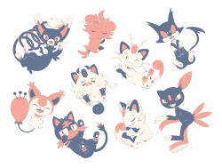 Rule 34 | alolan form, alolan meowth, animal focus, commentary, espurr, full body, gen 2 pokemon, gen 3 pokemon, gen 4 pokemon, gen 5 pokemon, gen 6 pokemon, gen 7 pokemon, gen 8 pokemon, glameow, limited palette, litten, lying, manami (uovoegg), nintendo, no humans, on back, one eye closed, perrserker, pokemon, pokemon (creature), purrloin, sharp teeth, simple background, skitty, smile, sneasel, symbol-only commentary, teeth, white background