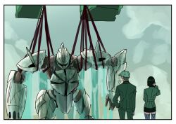 1boy 1girl back black_hair challia_bull cloud commentary_request comoli_harcourt gloves green_hair gundam gundam_gquuuuuux hanging hayapapapaya highres is_this_the_rose_of_sharon?_(meme) jacket long_sleeves mecha meme military_jacket military_uniform mobile_suit outdoors robot scene_reference science_fiction shirt short_hair skirt sky turn_a_gundam turn_a_gundam_(mobile_suit) turn_x water