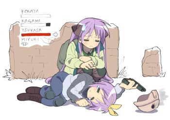 Rule 34 | absurdres, backpack, bag, black bow, boots, bow, brick wall, brown boots, closed eyes, comedic sweatdrop, frown, green jacket, green shirt, gun, hair bow, hair ribbon, health bar, helmet, highres, hiiragi kagami, hiiragi tsukasa, jacket, knee pads, lucky star, playerunknown&#039;s battlegrounds, purple hair, ribbon, shirt, siblings, sisters, sketch background, surume (hir0ndelle), tears, twins, twintails, unfinished, unworn headwear, unworn helmet, weapon, yellow ribbon