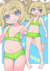 Rule 34 | 1girl, absurdres, ahoge, barefoot, bikini, blonde hair, blue background, blue eyes, border, collarbone, diamond-shaped pupils, diamond (shape), double bun, flat chest, green bikini, grin, hair bun, highres, multiple views, navel, open mouth, original, parted lips, rosia san, short hair, smile, strap slip, swimsuit, symbol-shaped pupils, teeth, variant set, white border
