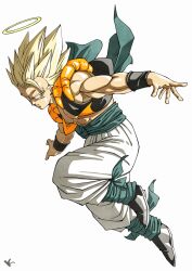 Rule 34 | 1boy, black vest, blonde hair, blue sash, commentary request, cropped vest, dragon ball, dragonball z, full body, gogeta, green eyes, halo, highres, kakeru (dbskakeru), male focus, medium hair, metamoran vest, muscular, muscular male, no shirt, open clothes, open vest, pants, sash, solo, spiked hair, super saiyan, super saiyan 1, vest, white pants, yellow halo