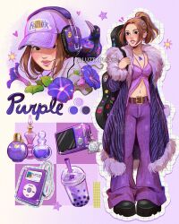 1girl animal_print artist_name baseball_cap belt bird black_boots boots bottle brown_belt brown_hair bubble_tea coat crow digital_camera digital_media_player english_text flower hat headphones highres ipod ipod_classic long_coat luztapiaart navel open_clothes open_coat original pants perfume_bottle print_coat purple_coat purple_flower purple_hat purple_pants purple_theme watermark zebra_print
