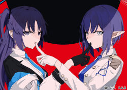 Rule 34 | 2girls, aoi (blue archive), black gloves, black jacket, blue archive, blue necktie, breasts, closed mouth, cmyk (rgb71509204), collared shirt, commentary, finger to another&#039;s mouth, gloves, grey eyes, half gloves, halo, identity (vocaloid), jacket, long hair, long sleeves, looking at viewer, medium breasts, multiple girls, necktie, open mouth, pointy ears, purple eyes, purple hair, shirt, short hair, two side up, white gloves, white jacket, white shirt, yuuka (blue archive)