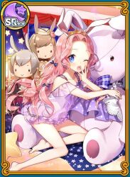 1girl animal_ears bare_arms barefoot blue_eyes cony_crescent dress gold_tiara kaguya_fullmoon laby_thebirth long_hair off_shoulder one_eye_closed pink_hair purple_dress rabbit_ears salt_(salty) sleepy star_(symbol) stuffed_toy uchi_no_hime-sama_ga_ichiban_kawaii wavy_hair