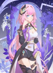 1girl absurdres black_gloves black_shorts blue_eyes breasts buchuhutaobugaiming chinese_commentary commentary_request corset elf elysia_(honkai_impact) elysia_(miss_pink_elf)_(honkai_impact) gloves hair_ornament highres honkai_(series) honkai_impact_3rd large_breasts long_hair pointy_ears purple_eyes short_shorts shorts shrug_(clothing) single_glove smile solo thighs white_corset