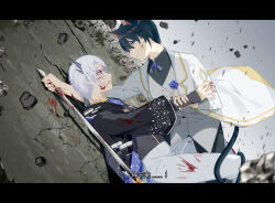 Rule 34 | 2boys, absurdres, aiguillette, animal ears, battle, black border, black hair, black horns, black robe, black shirt, blood, blood from mouth, blood on clothes, blood on face, blood on hands, bloody weapon, blue flower, border, bracer, brooch, cat boy, cat ears, cat tail, chinese commentary, chinese text, cloud, cloudy sky, coat, collared coat, commentary request, cowboy shot, crack, crescent print, debris, demon horns, eye contact, face-to-face, fake screenshot, floating clothes, flower, flower brooch, grey eyes, grey ribbon, grey shirt, hair between eyes, high-waist pants, highres, holding, holding another&#039;s wrist, holding sword, holding weapon, horns, injury, jewelry, kirina zero, lapels, letterboxed, long sleeves, looking at another, male focus, multiple boys, neck ribbon, notched lapels, open clothes, open coat, original, pants, pointy ears, purple robe, ribbon, robe, shirt, short hair, sky, star (sky), star (symbol), star print, sword, tail, tail around another&#039;s leg, tail wrap, translation request, two-sided robe, vest, weapon, white coat, white hair, white pants, white vest