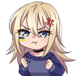 1girl anger_vein black_choker blonde_hair blue_eyes blush choker clenched_hands facepaint hair_between_eyes henna_(hentaiukr) hentaiukr korzynka_persykiv long_hair non-web_source off_shoulder own_hands_clasped own_hands_together pout purple_sweater solo sticker sweater transparent_background ukrainian_flag