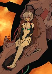 1girl absurdres ayanami_rei blue_hair bodysuit breasts cable closed_mouth cockpit eva_00 expressionless frown full_body hair_ornament highres interface_headset_(evangelion) looking_at_viewer mackle mecha_pilot_suit medium_breasts neon_genesis_evangelion orange_sky plugsuit_(evangelion) red_eyes seat short_hair sitting sky solo white_bodysuit wire