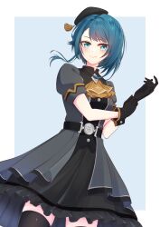 Rule 34 | 1girl, absurdres, adjusting clothes, adjusting gloves, aizawa kazuha, ascot, assault lily, asymmetrical hair, belt, beret, black belt, black dress, black gloves, black hat, black thighhighs, blue background, blue eyes, blue hair, blush, border, breasts, brown ascot, buttons, closed mouth, commentary request, cosplay, cowboy shot, dress, eeryuu (2004107), frilled dress, frills, gloves, grey dress, hands up, hat, hat tassel, highres, kuo shenlin, kuo shenlin (cosplay), layered dress, looking at viewer, medium breasts, medium hair, outside border, short sleeves, simple background, solo, standing, thighhighs, tilted headwear, two-tone dress, white border, zettai ryouiki