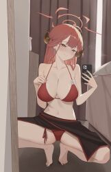 Rule 34 | 1girl, absurdres, aru (blue archive), bikini, blue archive, blush, breasts, cleavage, collarbone, commentary, demon horns, earrings, gmi (jimmyovob), halo, hand on own chest, highres, holding, holding phone, hoop earrings, horns, jewelry, large breasts, long hair, looking at mirror, looking at viewer, mirror, mirror selfie, nail polish, navel, phone, pink nails, red bikini, selfie, smile, solo, spread legs, squatting, stomach, swimsuit, tiptoes, toenail polish, toenails, yellow eyes