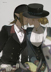 1boy 1girl akihare black_hat blonde_hair blue_dress brown_hair dress earrings hat helmet highres horseback_riding imminent_kiss jewelry link nintendo pointy_ears princess_zelda riding tailcoat the_legend_of_zelda the_legend_of_zelda:_breath_of_the_wild upper_body victorian