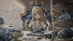 1girl absurdres bare_shoulders blonde_hair blue_flower blue_liquid blue_rose chair closed_mouth commentary_request cup envelope flower fork green_eyes hands_up highres holding holding_fork holding_knife indoors knife long_hair looking_at_viewer marutani original plate rose smile solo table teacup teapot tiered_tray upper_body