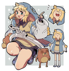 1boy adventure_time androgyne_symbol bike_shorts blonde_hair bridget_(guilty_gear) cosplay cuffs fingerless_gloves gloves green_eyes guilty_gear guilty_gear_strive handcuffs highres hood hood_up hooded_jacket hoodie itsuka_neru jacket jake_the_dog mars_symbol open_clothes open_hoodie open_mouth pendleton_ward_(style) roger_(guilty_gear) solo sparkle stuffed_animal stuffed_toy teddy_bear trap