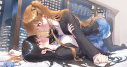 2girls absurdres asymmetrical_docking black_hair black_thighhighs blue_bra blue_eyes blue_necktie blue_skirt blush bra breast_press breasts brown_eyes brown_hair city commentary commission eshineko full_body hair_spread_out highres houjou_high_school_uniform indoors looking_at_another medium_breasts multiple_girls necktie night ogiso_setsuna on_bed pinned plaid_clothes plaid_skirt pleated_skirt school_uniform skeb_commission skirt small_breasts striped_bra striped_clothes striped_necktie thighhighs touma_kazusa two_side_up underwear unworn_bra vertical-striped_bra vertical-striped_clothes white_album_(series) white_album_2 window yuri zettai_ryouiki
