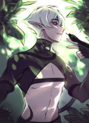 1boy 1hp_club absurdres animal animal_on_hand black_gloves black_snake brown_eyes chest_belt cleavage_cutout clothing_cutout commentary dappled_sunlight elf elfboiii english_commentary fingerless_gloves forest gloves hair_between_eyes highres looking_at_another male_focus nature obi_(1hp_club) outdoors pectorals pointy_ears short_hair sidelocks snake solo stomach sunlight toned toned_male tongue tongue_out white_hair
