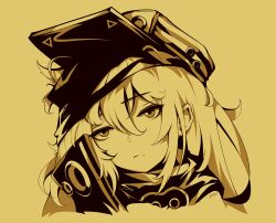 Rule 34 | brown hair, closed mouth, g11 (girls&#039; frontline), girls&#039; frontline, green headwear, green jacket, grey hair, highres, jacket, long hair, looking at viewer, rabe26k, scarf, simple background, yellow background