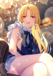 1girl asymmetrical_clothes asymmetrical_jacket backlighting bare_legs black_ribbon black_skirt blonde_hair blue_capelet blue_jacket blunt_ends blurry blurry_background bokeh bshi_edayo buttons candle candlelight capelet ceiling chair chandelier collared_shirt couch crossed_arms crossed_legs crystal depth_of_field diamond_(gemstone) diamond_earrings diffraction_spikes dot_nose dress_shirt dutch_angle earrings easy_chair epaulettes eyelashes eyes_visible_through_hair feet_out_of_frame fringe_trim from_below gem glint gold_earrings gold_trim hand_on_own_arm highres indoors jacket jewelry lace lace-trimmed_skirt lace_trim layered_sleeves lens_flare light_particles light_smile long_eyelashes long_hair looking_at_viewer looking_down miniskirt neck_ribbon on_couch original parted_bangs parted_lips patterned_clothing red_eyes ribbon shirt short_sleeves single_bare_arm single_epaulette sitting skirt solo straight_hair tsurime very_long_hair wallpaper_(object) white_shirt wide_sleeves wing_collar