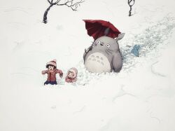 2girls bare_tree beanie brown_coat chibi_totoro closed_mouth coat cup from_above hat highres holding holding_cup holding_umbrella hood hood_up kusakabe_mei kusakabe_satsuki multiple_girls open_mouth outdoors phil_dragash pom_pom_(clothes) pom_pom_beanie snow tonari_no_totoro totoro tree umbrella walking winter
