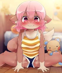 1girl animal_ears bed blue_shorts blush body_fur camisole closed_mouth commentary_request dagasi fangs furry furry_female highres indoors looking_at_viewer momo-chan_(dagasi) original panties panties_under_shorts pantyshot pink_eyes pink_hair short_hair shorts spread_legs striped_camisole tail underwear upshorts
