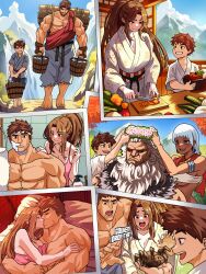 2girls 3boys 6koma akuma_(street_fighter) alternate_costume animal bed blue_eyes blurry blush bored breasts bucket bug child closed_eyes comic crossover cucumber dark-skinned_female dark_skin day elena_(street_fighter) english_text fatal_fury father_and_son feet food glowing glowing_eyes head_wreath hug japanese_clothes kimono kiss kitchen kitchen_knife knife large_breasts long_hair mirror mother_and_son mountain multiple_boys multiple_girls muscular muscular_male open_mouth photo_(medium) pillow red_eyes ryu_(street_fighter) scared serious shaving shaving_cream shiranui_mai short_hair smile spider street_fighter street_fighter_6 sweat tarantula teeth tree vegetable vlizzyvlizz117 white_hair window wood wood_bucket worried