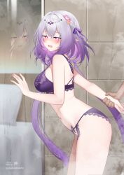 1girl blush bra breasts castorice_(honkai:_star_rail) commentary_request cowboy_shot fanbox_username flower from_side gradient_hair grey_hair hair_flower hair_ornament hair_ribbon heart heart-shaped_pupils highres holding_another&#039;s_wrist honkai:_star_rail honkai_(series) indoors lace lace-trimmed_bra lace-trimmed_panties lace_trim leaning_forward looking_at_viewer looking_to_the_side medium_breasts multicolored_hair open_mouth out_of_frame panties pointy_ears purple_eyes purple_hair purple_ribbon reflection ribbon shrimp_cake solo_focus symbol-shaped_pupils twintails two-tone_hair underwear
