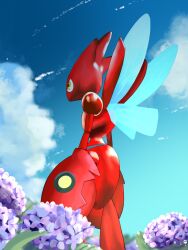 Rule 34 | blue sky, bug, claws, colored skin, cowboy shot, from behind, gen 2 pokemon, highres, insect wings, nintendo, outdoors, pokemon, pokemon (creature), red skin, redamber334, scizor, sky, solo, standing, wings, yellow eyes