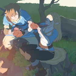 Rule 34 | 1boy, 1girl, 55bata6rou, biting, black pants, blonde hair, blue shirt, boned meat, boots, brown boots, brown hair, closed eyes, closed mouth, cutting, eating, fire, food, full body, furrowed brow, grass, green eyes, hands up, highres, holding, holding food, holding knife, knife, link, long hair, meat, nintendo, on tree stump, outdoors, pants, pointy ears, princess zelda, shade, shirt, sitting, teeth, the legend of zelda, the legend of zelda: breath of the wild, tree, white pants