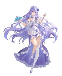 02bear20 1girl :q absurdres alternate_costume ankle_socks asymmetrical_legwear blue_eyes blue_flower bow bowtie breasts cantarella_(wuthering_waves) commentary_request dress earrings enmaided flower food full_body hair_between_eyes hair_flower hair_ornament hair_spread_out headdress highres holding holding_spoon holding_tray incredibly_absurdres jewelry korean_commentary large_breasts licking_lips long_hair looking_at_viewer maid maid_headdress mole mole_under_eye pudding purple_bow purple_bowtie purple_dress purple_hair purple_shoes purple_shrug shoes simple_background single_sock single_thighhigh smile socks solo spoon thighhighs thighs tongue tongue_out tray uneven_legwear very_long_hair white_background wuthering_waves