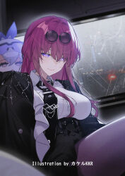 Rule 34 | 2girls, artist name, black jacket, black necktie, black shorts, breasts, car interior, chinese commentary, closed mouth, collared shirt, commentary request, eyewear on head, film grain, glasses, grey eyes, high-waist shorts, highres, honkai: star rail, honkai (series), jacket, kafka (honkai: star rail), large breasts, long hair, looking at viewer, multiple girls, necktie, pantyhose, pince-nez, purple eyes, purple hair, purple pantyhose, round eyewear, shirt, shirt tucked in, shorts, silver wolf (honkai: star rail), sitting, smile, solo focus, spider web print, srpzk, sunglasses, white shirt