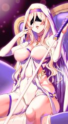 1girl black_blindfold blindfold blonde_hair breasts bridal_gauntlets commentary_request covered_erect_nipples covered_navel dress goblin_slayer! highres holding holding_staff jewelry large_breasts long_hair necklace no_panties on_chair parted_lips polearm purple_background rokakukei sideless_dress sitting skin_tight solo staff sword_maiden swordstaff veil weapon white_dress white_veil
