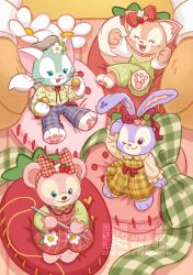 1boy 3girls :3 animal_ears animal_hands bear_ears bear_girl bow cat_boy cat_ears cat_girl cat_tail commentary_request country_lolita dress duffy_and_friends food fruit furry furry_female furry_male gelatoni gingham green_overalls hair_bow hairband highres holding leaf_print linabell lolita_fashion long_sleeves multiple_girls one_eye_closed overalls pants print_shirt qr_code rabbit_ears rabbit_girl red_bow red_dress shelliemay shirt sitting stellalou strawberry sweet_lolita tail takatmaorange tokyo_disneysea watermark yellow_dress yellow_shirt