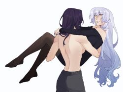 2girls acheron_(honkai:_star_rail) black_swan_(honkai:_star_rail) breasts carrying charathegay hair_over_one_eye highres honkai:_star_rail honkai_(series) long_hair looking_at_another multiple_girls pants princess_carry purple_hair simple_background smile topless_female white_background yellow_eyes yuri
