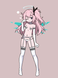 1girl :/ ambriel_(arknights) arknights black_bow blue_halo blue_wings blush bow bow_panties breasts cameltoe chinese_commentary choker cleavage collarbone commentary_request detached_wings elbow_gloves energy_wings expressionless flat_chest full_body garter_straps gloves halo hand_up highres hydrogina lingerie long_hair looking_at_viewer navel nipple_bow one_eye_closed one_side_up panties parody pink_background pink_hair purple_eyes ringed_eyes simple_background solo spaghetti_strap style_parody thighhighs traditional_halo underwear vanripper_(style) white_choker white_garter_straps white_panties white_thighhighs wings zettai_ryouiki
