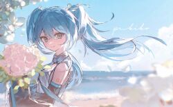 blue_eyes blue_hair flower from_side hatsune_miku highres holding holding_flower original pukiko99 twintails vocaloid