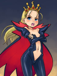 1girl bare_shoulders blonde_hair blue_eyes blush breasts capcom cape cosplay crown cyberbots devilot_de_deathsatan_ix doronjo fang forehead jumpsuit long_hair navel open_clothes skin_tight small_breasts stupa13a yatterman
