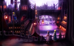 Rule 34 | 4girls, aihashi i, alice margatroid, alice margatroid (pc-98), bad id, bad pixiv id, blonde hair, blouse, bridge, building, capelet, crescent, dress, hat, hat ornament, lamp, makai (touhou), mob cap, multiple girls, patchouli knowledge, pink shoes, purple hair, purple sky, scenery, shanghai doll, shirt, shoes, skirt, sky, suspender skirt, suspenders, time paradox, touhou, white shirt