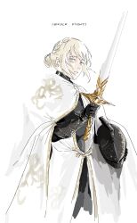 1girl absurdres armor blonde_hair braid breastplate cape dtmahotsukai elden_ring gauntlets grey_eyes hair_bun helm helmet highres holding holding_helmet holding_sword holding_weapon looking_at_viewer needle_knight_leda parted_lips simple_background single_hair_bun solo sword unworn_headwear unworn_helmet weapon white_background white_cape