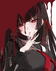 1girl arm_cutout black_hair black_shirt breasts chisa_(wuthering_waves) fingernails hair_ribbon hand_up highres laneigu large_breasts light_blush long_hair looking_at_viewer mole mole_under_eye neckerchief parted_lips red_eyes red_neckerchief red_ribbon ribbon sailor_collar shirt solo upper_body white_sailor_collar wuthering_waves