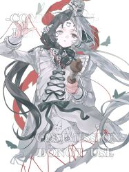 1girl black_hair black_ribbon commission dress english_text grey_eyes grey_hair highres juliet_sleeves long_sleeves multicolored_hair original parted_lips puffy_sleeves ribbon solo tacfigure teeth third_eye twintails two-tone_hair watermark white_dress